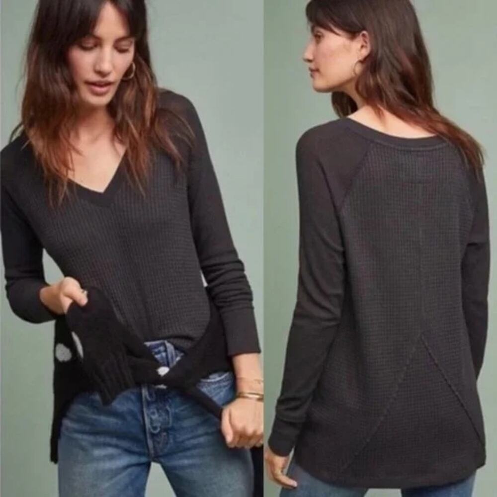 Anthropologie Maeve Pearson Waffle Knit Thermal Long Sleeve Black Size XS